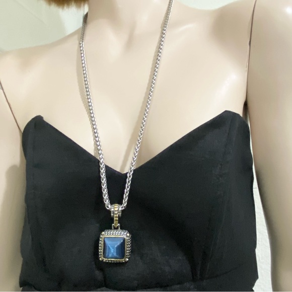 Unsigned Silver-tone Spiga Wheat Chain with Blue Stone Pendant  30” Necklace - Picture 3 of 14